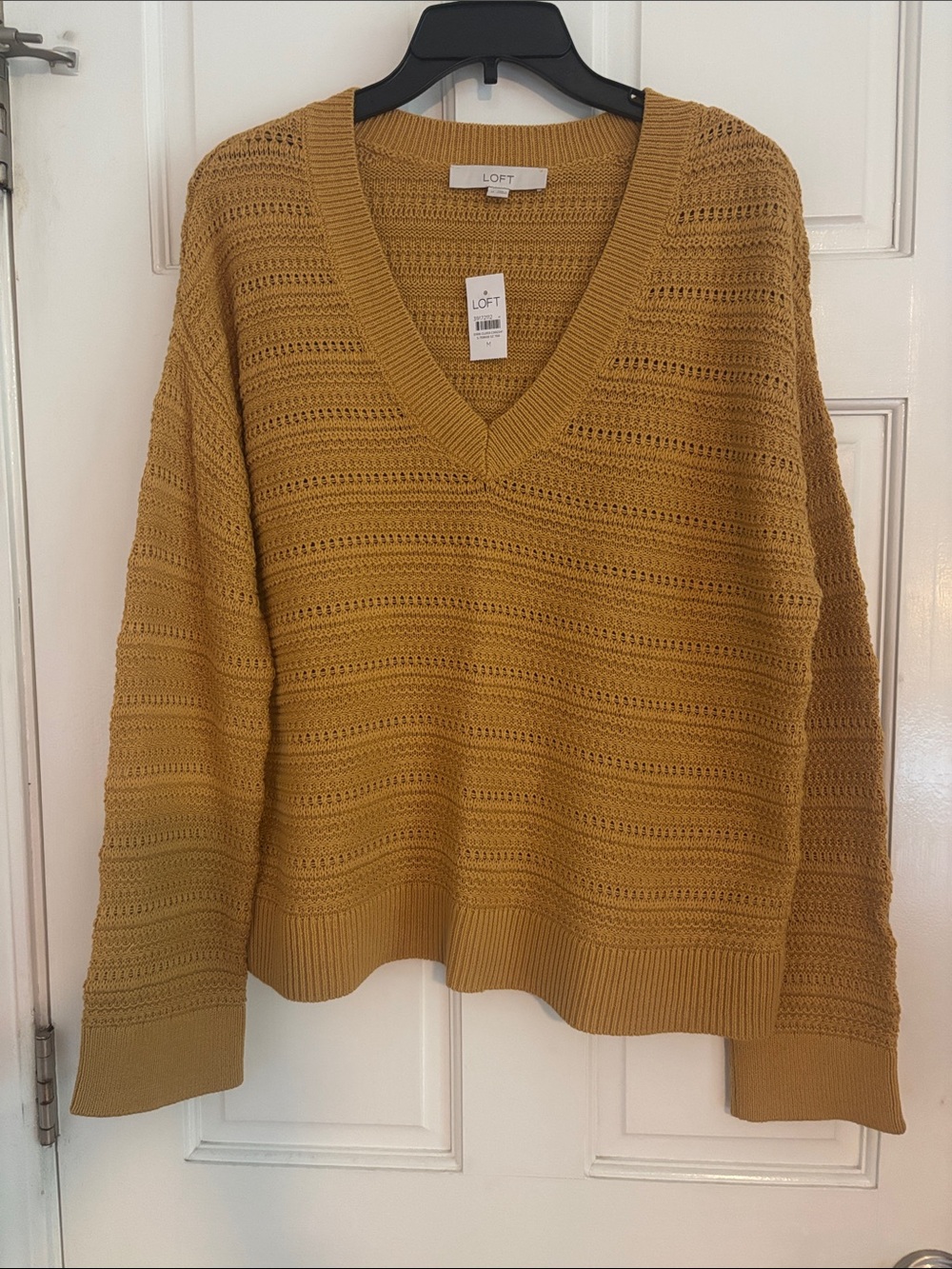 LOFT Golden Mustard Open-Knit V-Neck Sweater
